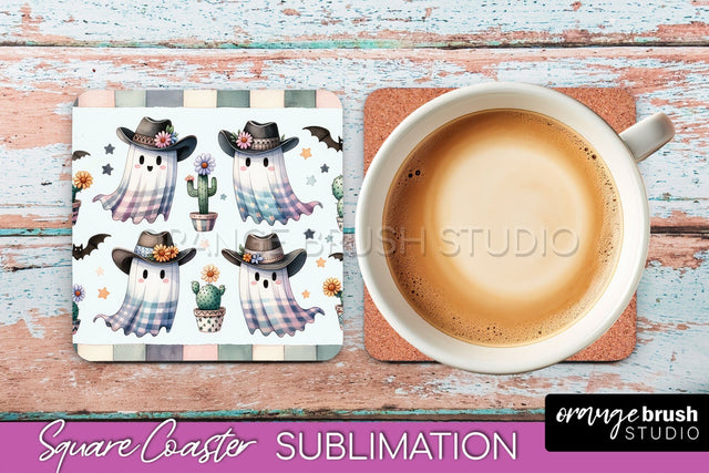 Western Halloween Coaster, Retro Ghost Square Coaster PNG Sublimation OrangeBrushStudio 