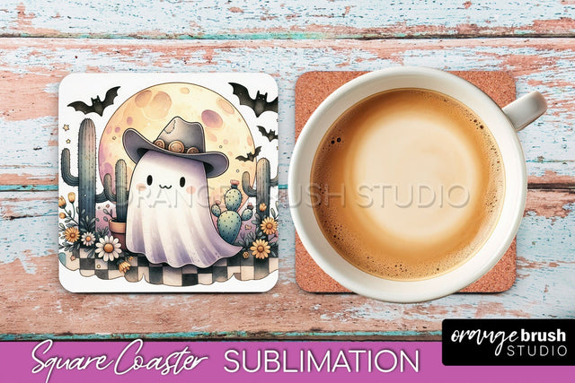 Western Halloween Coaster, Retro Ghost Square Coaster PNG Sublimation OrangeBrushStudio 