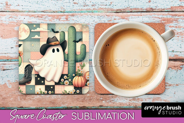Western Halloween Coaster, Retro Ghost Square Coaster PNG Sublimation OrangeBrushStudio 