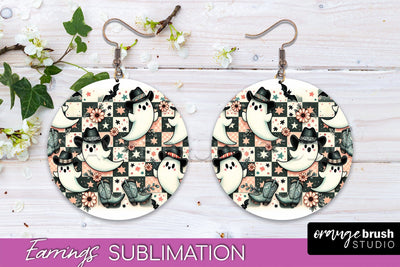Western Halloween Earrings, Ghost Round Earrings Sublimation Sublimation OrangeBrushStudio 
