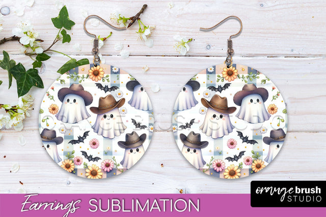 Western Halloween Earrings, Ghost Round Earrings Sublimation Sublimation OrangeBrushStudio 