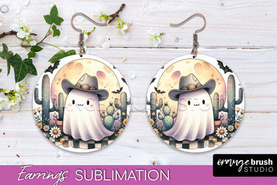 Western Halloween Earrings, Ghost Round Earrings Sublimation Sublimation OrangeBrushStudio 