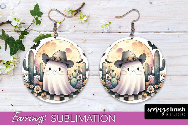 Western Halloween Earrings, Ghost Round Earrings Sublimation Sublimation OrangeBrushStudio 