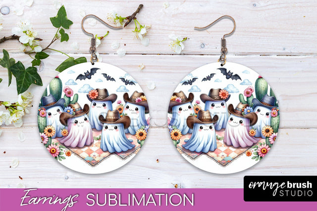 Western Halloween Earrings, Ghost Round Earrings Sublimation Sublimation OrangeBrushStudio 