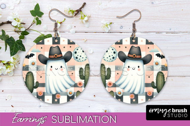 Western Halloween Earrings, Ghost Round Earrings Sublimation Sublimation OrangeBrushStudio 