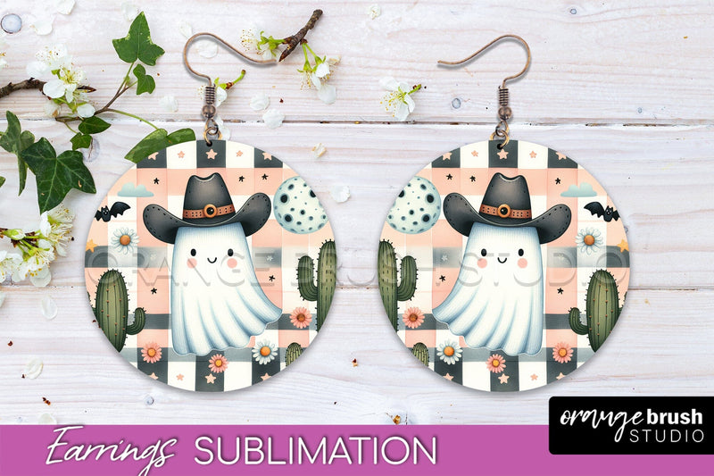 Western Halloween Earrings, Ghost Round Earrings Sublimation Sublimation OrangeBrushStudio 
