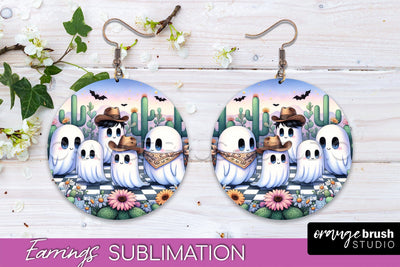Western Halloween Earrings, Ghost Round Earrings Sublimation Sublimation OrangeBrushStudio 