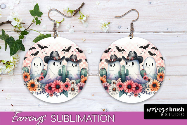 Western Halloween Earrings, Ghost Round Earrings Sublimation Sublimation OrangeBrushStudio 