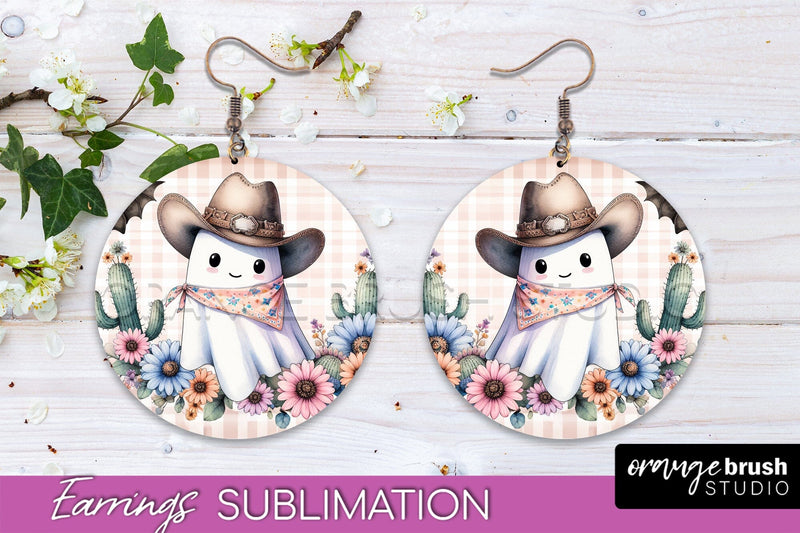 Western Halloween Earrings, Ghost Round Earrings Sublimation Sublimation OrangeBrushStudio 