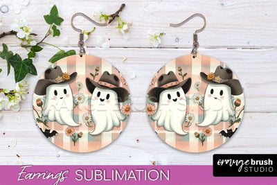 Western Halloween Earrings, Ghost Round Earrings Sublimation Sublimation OrangeBrushStudio 