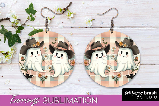 Western Halloween Earrings, Ghost Round Earrings Sublimation Sublimation OrangeBrushStudio 