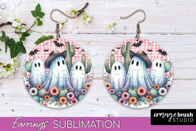 Western Halloween Earrings, Ghost Round Earrings Sublimation Sublimation OrangeBrushStudio 