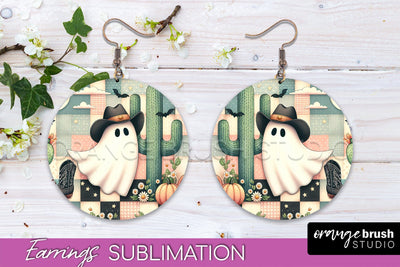 Western Halloween Earrings, Ghost Round Earrings Sublimation Sublimation OrangeBrushStudio 