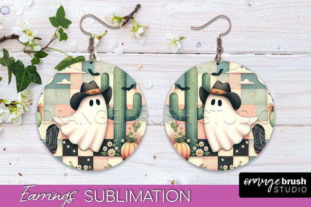 Western Halloween Earrings, Ghost Round Earrings Sublimation Sublimation OrangeBrushStudio 