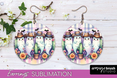 Western Halloween Earrings, Ghost Round Earrings Sublimation Sublimation OrangeBrushStudio 