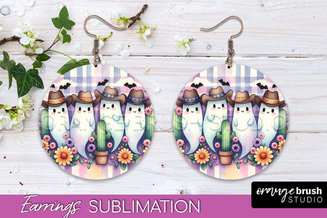 Western Halloween Earrings, Ghost Round Earrings Sublimation Sublimation OrangeBrushStudio 