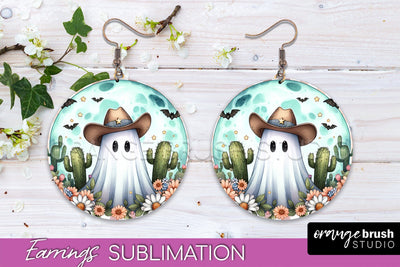 Western Halloween Earrings, Ghost Round Earrings Sublimation Sublimation OrangeBrushStudio 