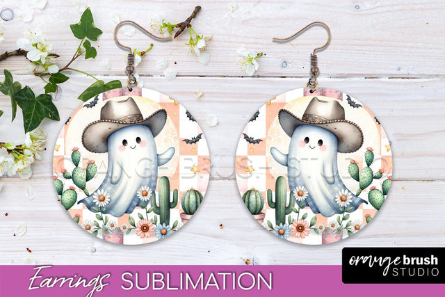 Western Halloween Earrings, Ghost Round Earrings Sublimation Sublimation OrangeBrushStudio 