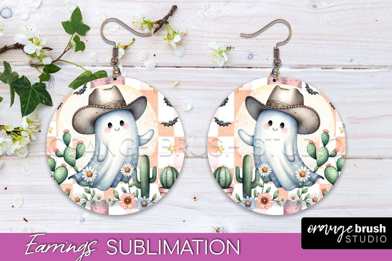 Western Halloween Earrings, Ghost Round Earrings Sublimation Sublimation OrangeBrushStudio 