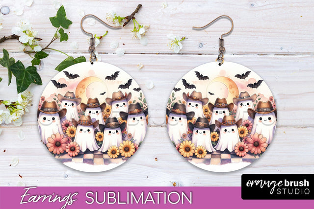 Western Halloween Earrings, Ghost Round Earrings Sublimation Sublimation OrangeBrushStudio 