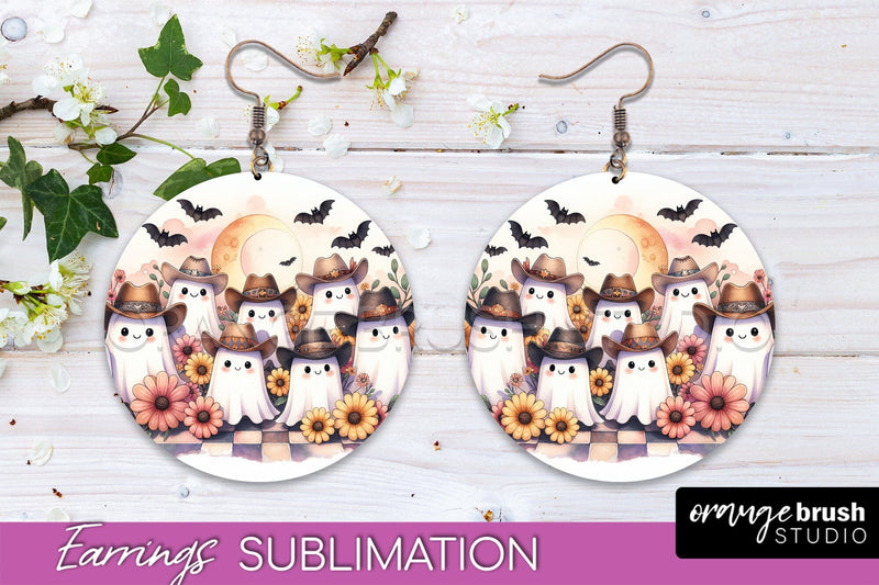 Western Halloween Earrings, Ghost Round Earrings Sublimation Sublimation OrangeBrushStudio 
