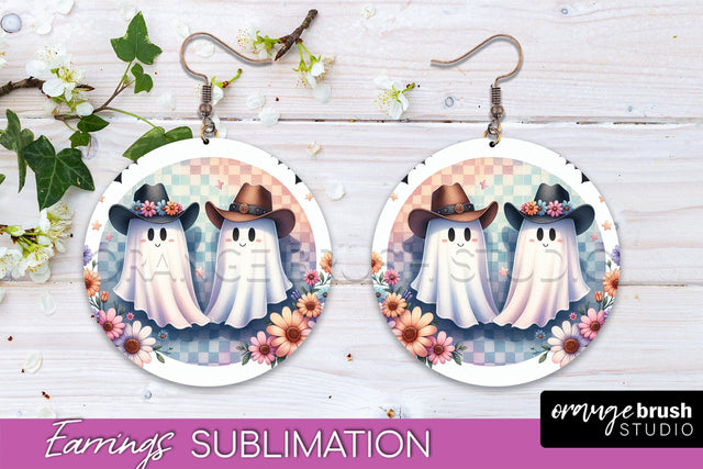 Western Halloween Earrings, Ghost Round Earrings Sublimation Sublimation OrangeBrushStudio 