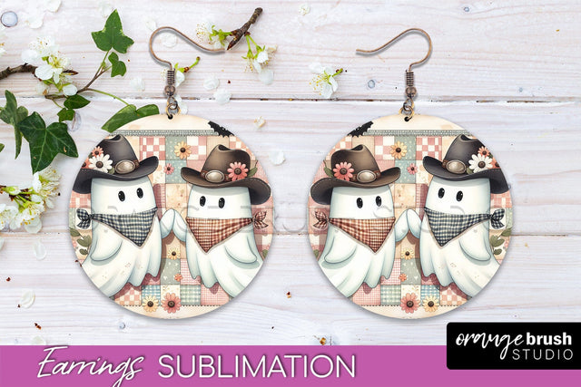 Western Halloween Earrings, Ghost Round Earrings Sublimation Sublimation OrangeBrushStudio 