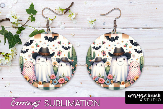 Western Halloween Earrings, Ghost Round Earrings Sublimation Sublimation OrangeBrushStudio 