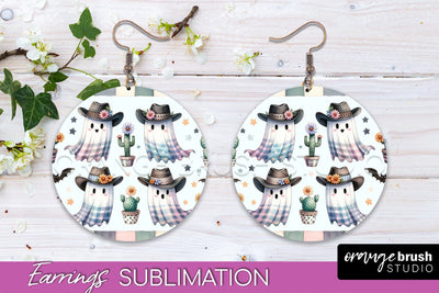 Western Halloween Earrings, Ghost Round Earrings Sublimation Sublimation OrangeBrushStudio 