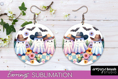 Western Halloween Earrings, Ghost Round Earrings Sublimation Sublimation OrangeBrushStudio 