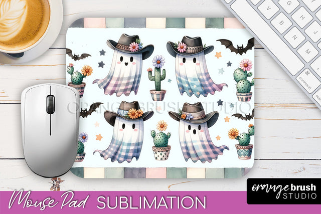 Western Halloween Mouse Pad, Ghost Mousepad Sublimation Sublimation OrangeBrushStudio 