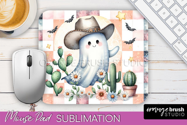 Western Halloween Mouse Pad, Ghost Mousepad Sublimation Sublimation OrangeBrushStudio 