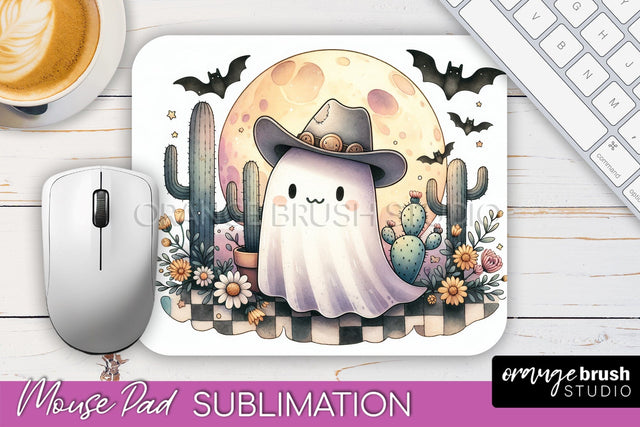 Western Halloween Mouse Pad, Ghost Mousepad Sublimation Sublimation OrangeBrushStudio 