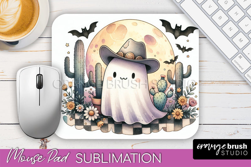 Western Halloween Mouse Pad, Ghost Mousepad Sublimation Sublimation OrangeBrushStudio 