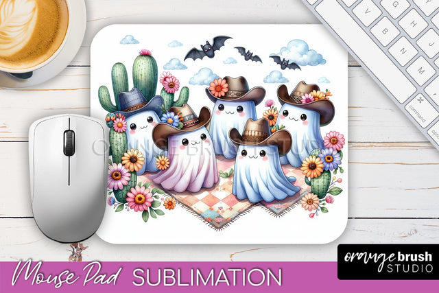 Western Halloween Mouse Pad, Ghost Mousepad Sublimation Sublimation OrangeBrushStudio 
