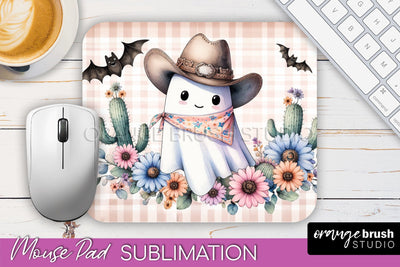 Western Halloween Mouse Pad, Ghost Mousepad Sublimation Sublimation OrangeBrushStudio 