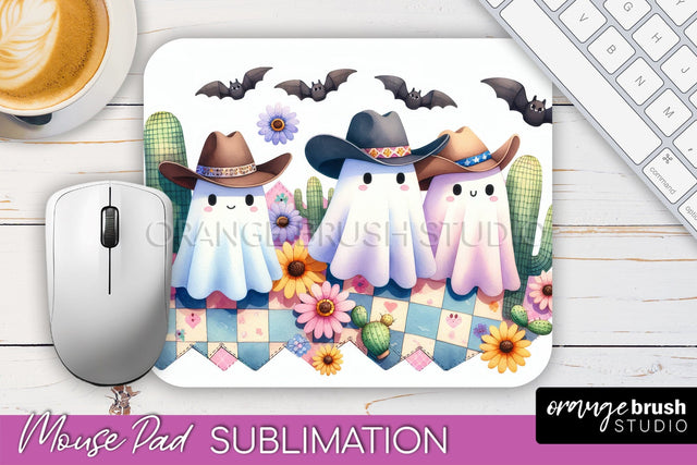 Western Halloween Mouse Pad, Ghost Mousepad Sublimation Sublimation OrangeBrushStudio 