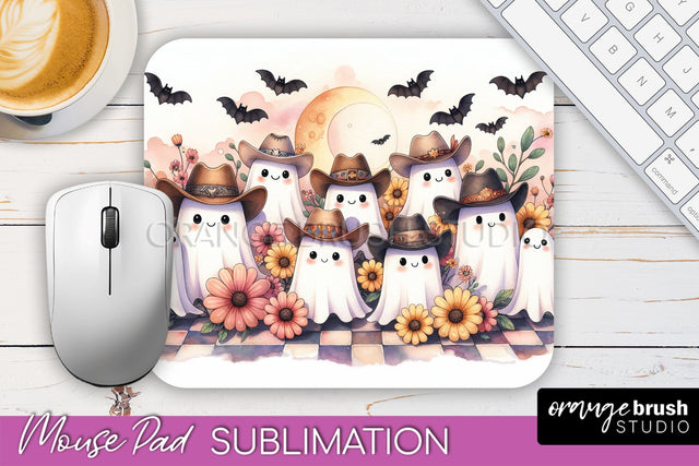 Western Halloween Mouse Pad, Ghost Mousepad Sublimation Sublimation OrangeBrushStudio 