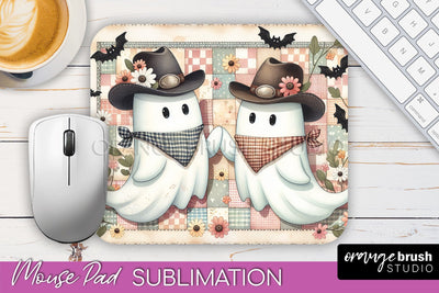 Western Halloween Mouse Pad, Ghost Mousepad Sublimation Sublimation OrangeBrushStudio 