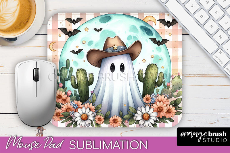 Western Halloween Mouse Pad, Ghost Mousepad Sublimation Sublimation OrangeBrushStudio 