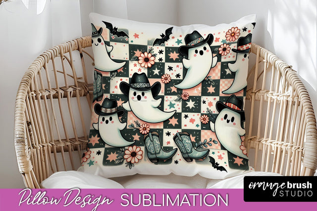 Western Halloween Pillow Sublimation - Ghost Pillow Cover Sublimation OrangeBrushStudio 