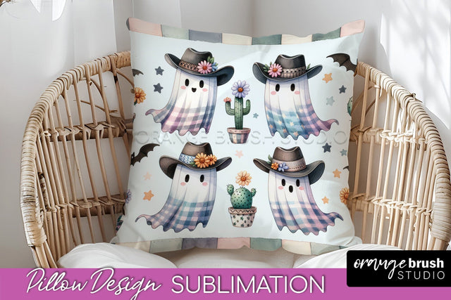 Western Halloween Pillow Sublimation - Ghost Pillow Cover Sublimation OrangeBrushStudio 