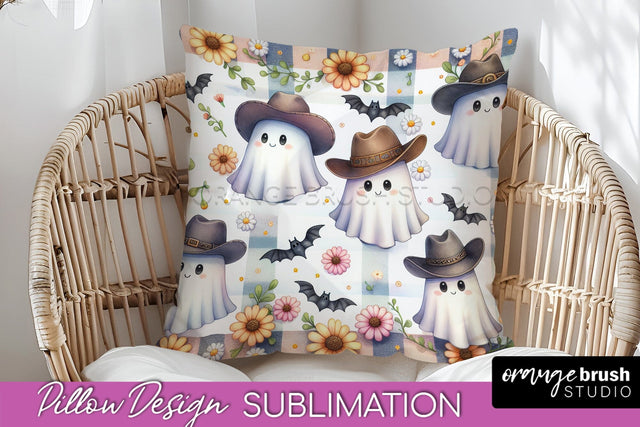 Western Halloween Pillow Sublimation - Ghost Pillow Cover Sublimation OrangeBrushStudio 