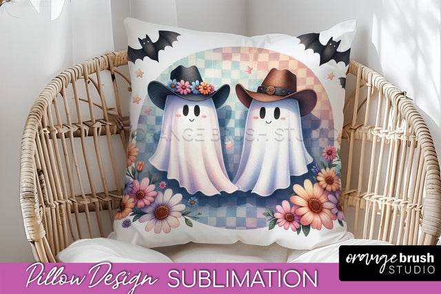 Western Halloween Pillow Sublimation - Ghost Pillow Cover Sublimation OrangeBrushStudio 