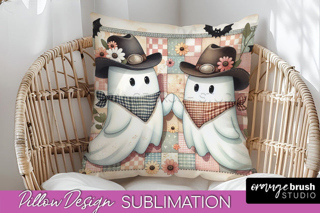 Western Halloween Pillow Sublimation - Ghost Pillow Cover Sublimation OrangeBrushStudio 