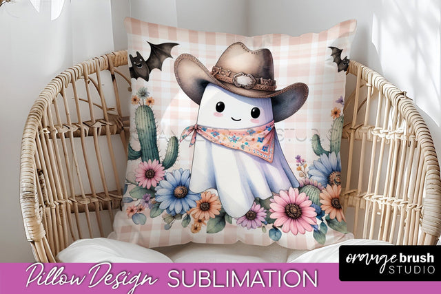Western Halloween Pillow Sublimation - Ghost Pillow Cover Sublimation OrangeBrushStudio 
