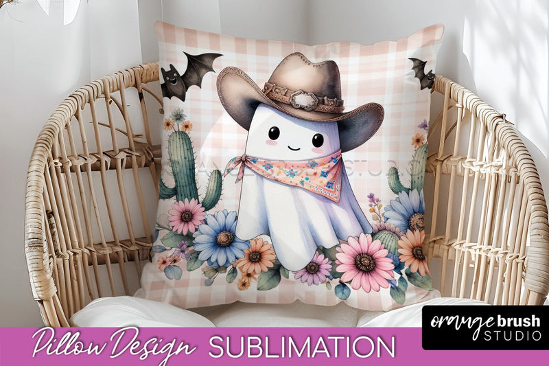 Western Halloween Pillow Sublimation - Ghost Pillow Cover Sublimation OrangeBrushStudio 