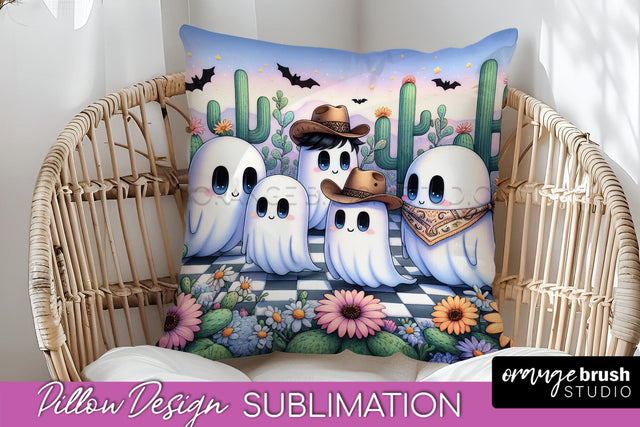 Western Halloween Pillow Sublimation - Ghost Pillow Cover Sublimation OrangeBrushStudio 