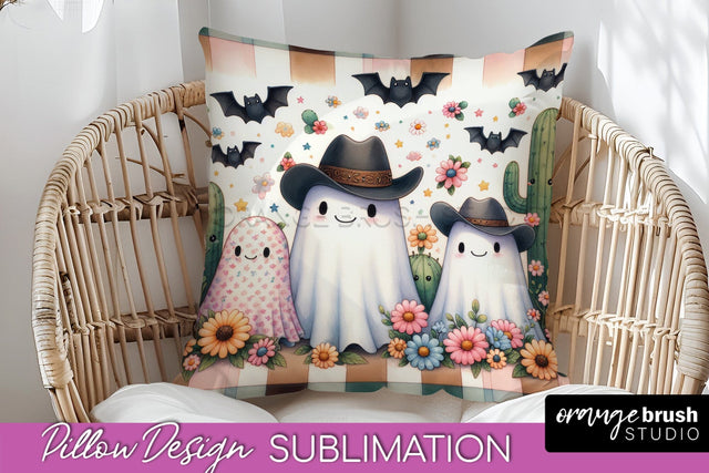 Western Halloween Pillow Sublimation - Ghost Pillow Cover Sublimation OrangeBrushStudio 