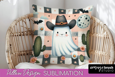 Western Halloween Pillow Sublimation - Ghost Pillow Cover Sublimation OrangeBrushStudio 